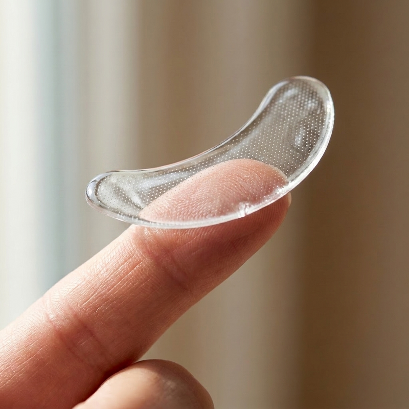 Close-up of the transparent crescent patch showing the 0.25 mm dissolving microneedle surface