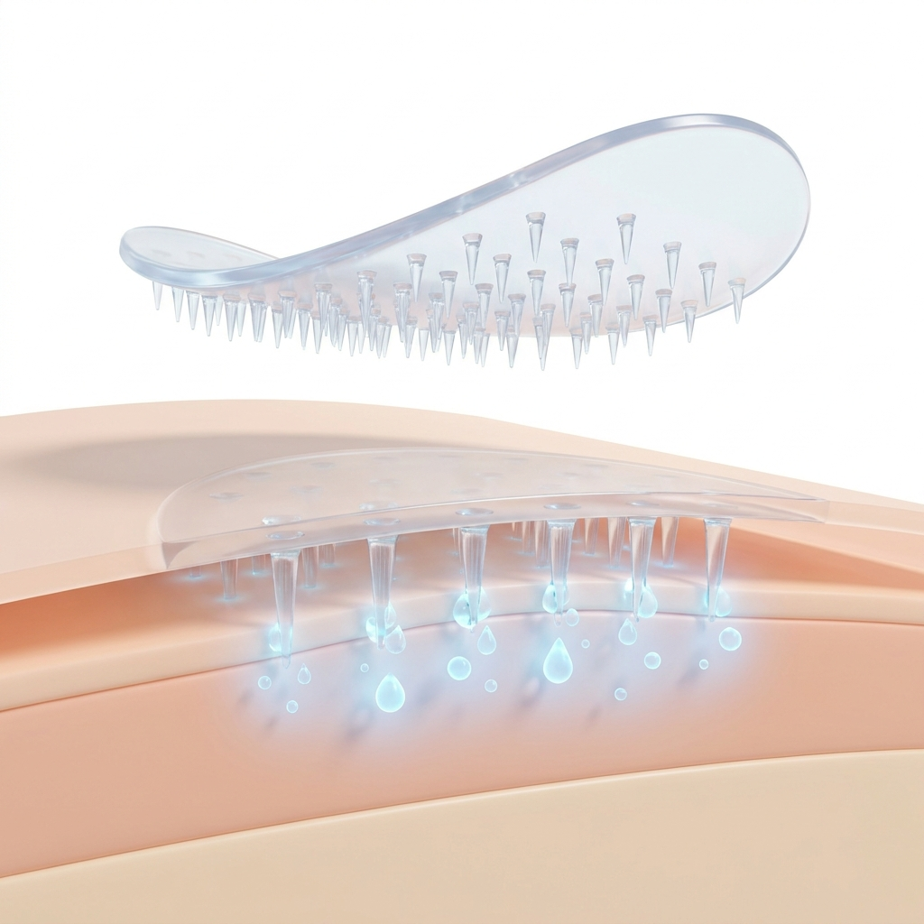 How it works: 0.25 mm dissolving microneedles cross the skin barrier and release hyaluronic acid below it (illustrative render)