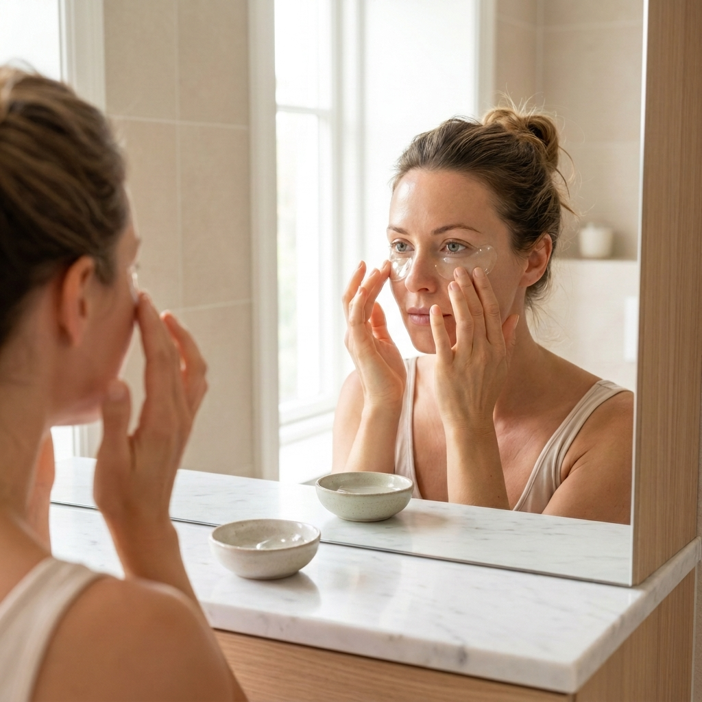 Woman applying a transparent crescent under-eye microneedle patch in front of a mirror