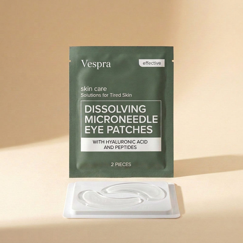Dissolving microneedle eye patches sachet with blister tray and two transparent crescent patches